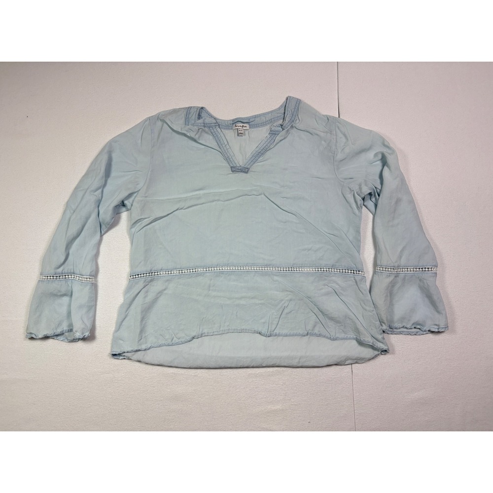 Love Fire Womens XL Light Blue Lyocell Crochet Trim Bell Sleeve Peplum Blouse
